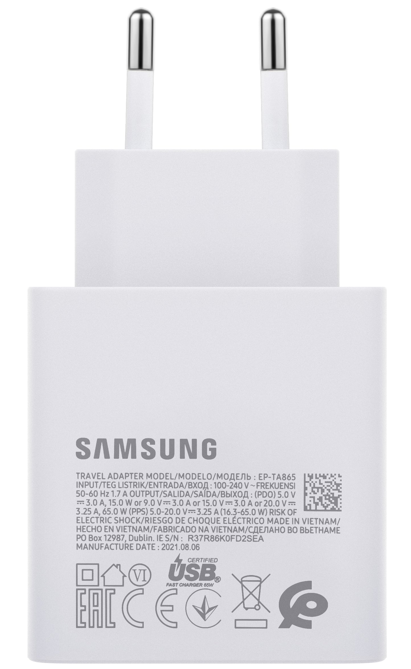 Cargador de red Samsung EP-TA865W, 65 W, 3,25 A, 1 x USB-C, blanco GP-PTU020SODWQ GP-PTU020SODWQ