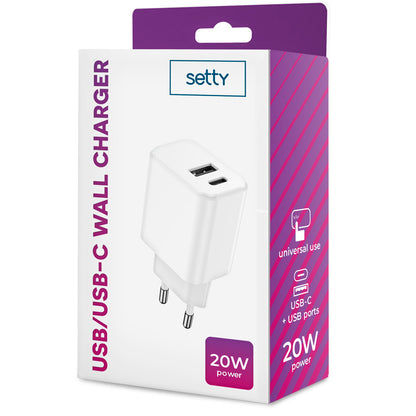 Cargador de red Setty, 20W, 3A, 1 x USB-A - 1 x USB-C, Blanco