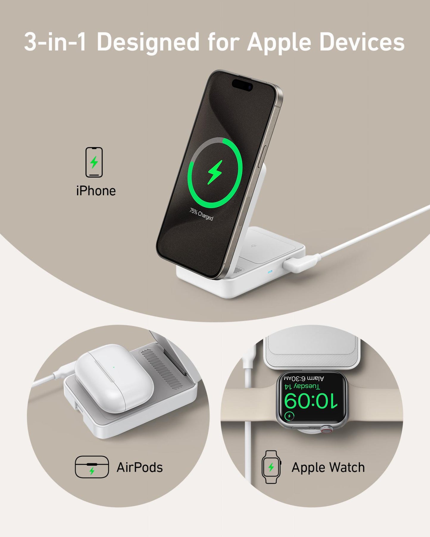 Anker MagGo 3in1 Wireless Network Charger, 15W, 1.67A, White B2557321