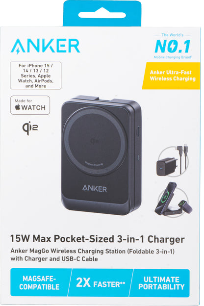 Cargador de Red Inalámbrico Anker MagGo 3en1, 15W, 1.67A, Negro B2557311
