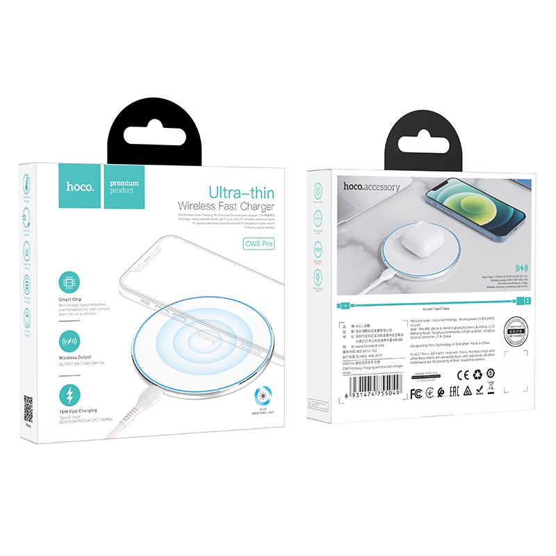 Cargador de Red Inalámbrico HOCO CW6 Pro, 15W, 1.67A, Blanco