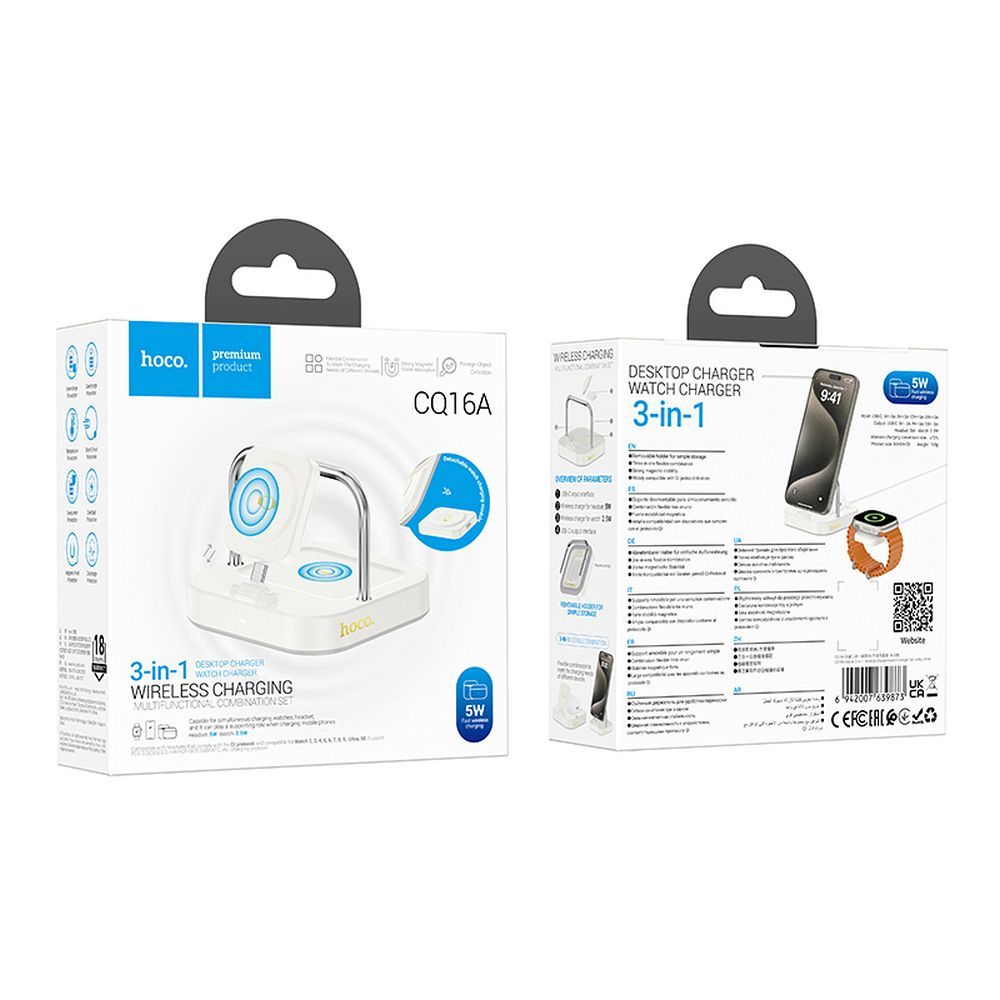 Cargador de Red Inalámbrico HOCO CQ16A 3en1, 15W, 1.67A, Blanco