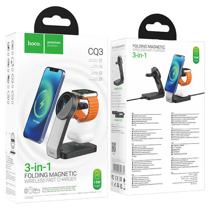 Cargador de Red Inalámbrico HOCO CQ3 3en1, 15W, 1.67A, Negro