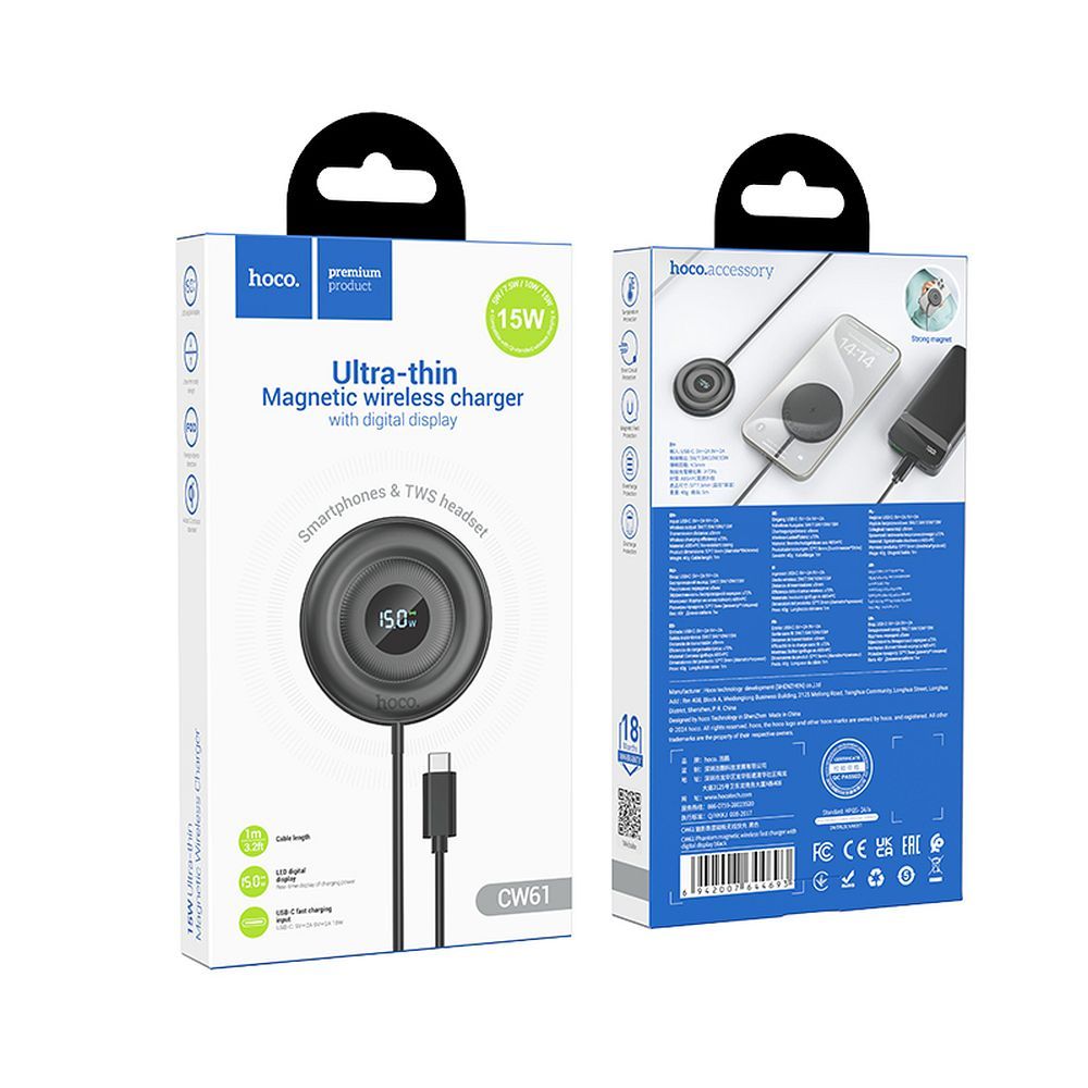 Cargador de Red Inalámbrico HOCO CW61, 15W, 1.67A, Negro