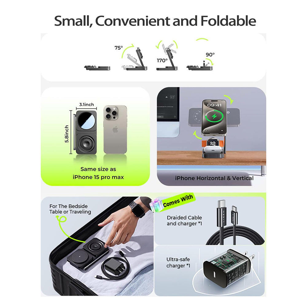 Cargador de Red Inalámbrico Lisen 3en1, 15W, 1.67A, Negro YL0424010003