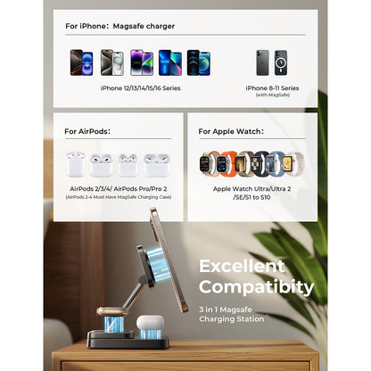 Cargador de Red Inalámbrico Lisen 3en1, 15W, 1.67A, Negro YL0424010003