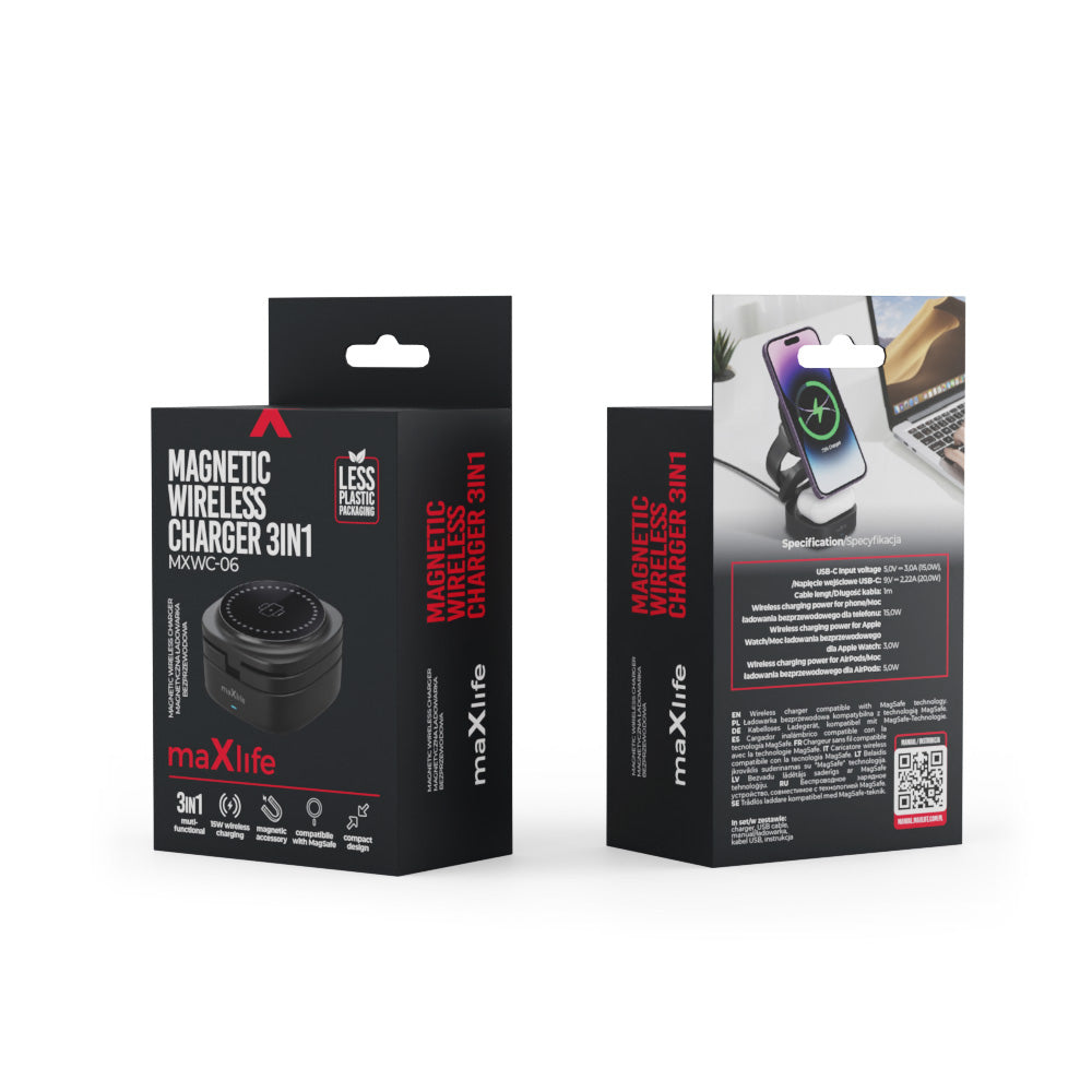 Cargador de Red Inalámbrico MaXlife MXWC-06 3en1, 15W, 1.67A, Negro