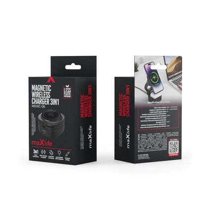 Cargador de Red Inalámbrico MaXlife MXWC-06 3en1, 15W, 1.67A, Negro