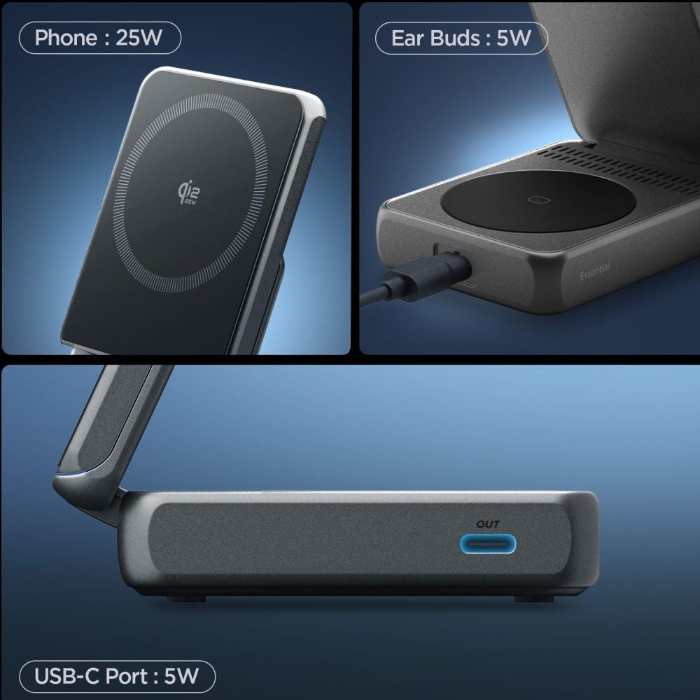 Cargador de Red Inalámbrico Spigen EF302MOQ 3en1, 25W, 1 x USB-C, Gris