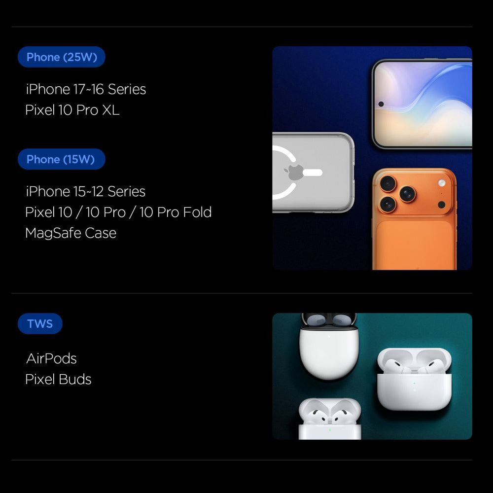 Cargador de Red Inalámbrico Spigen EF302MOQ 3en1, 25W, 1 x USB-C, Gris