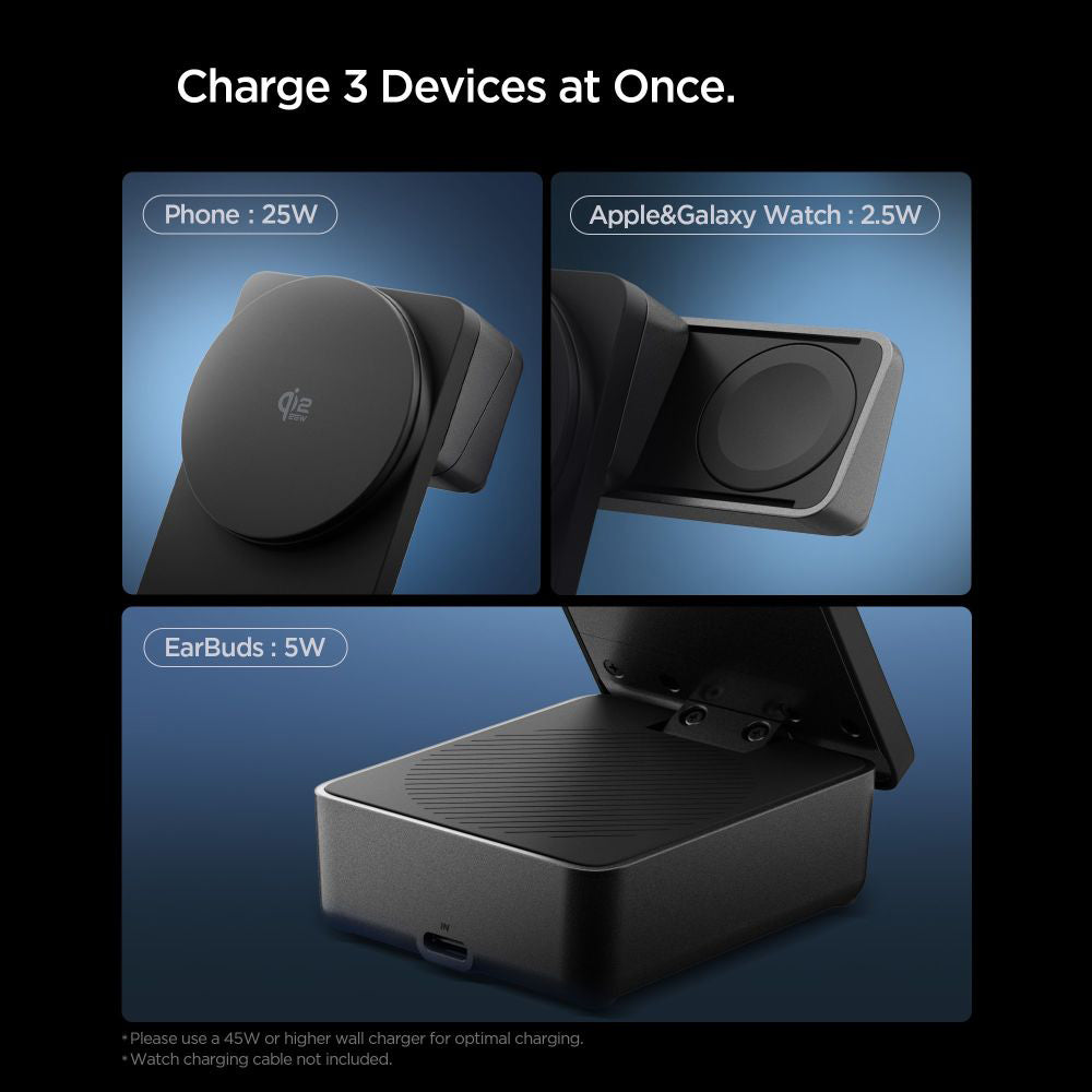 Cargador de Red Inalámbrico Spigen EF323MQ Essential 3in1, 25W, Negro ACH10398