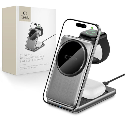 Cargador de Red Inalámbrico Tech-Protect A42 3en1, 15W, 1.67A, Gris