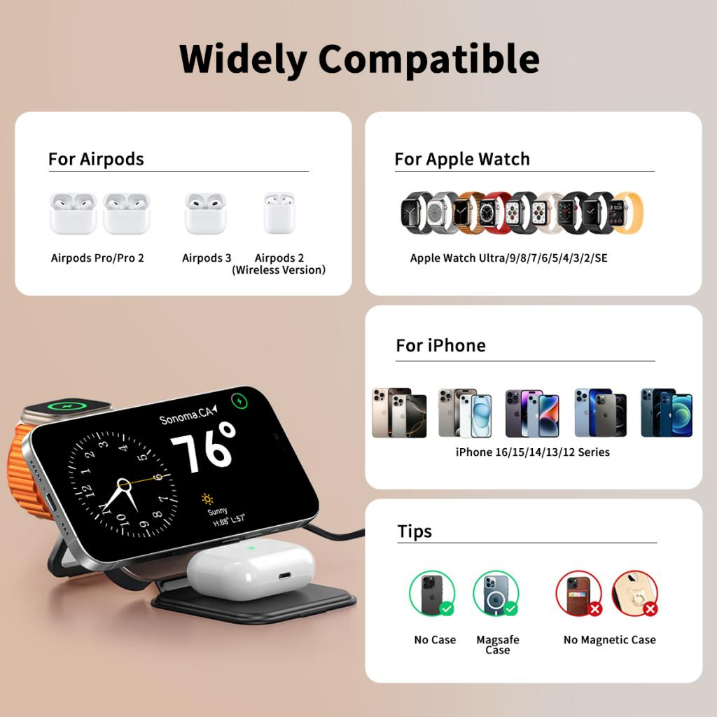 Cargador de Red Inalámbrico XO Design CX035 3en1, 15W, 1.67A, Negro