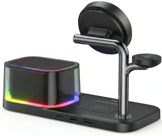Cargador de Red Inalámbrico con Altavoz Bluetooth XO Design CX045 5en1, 25W, Negro