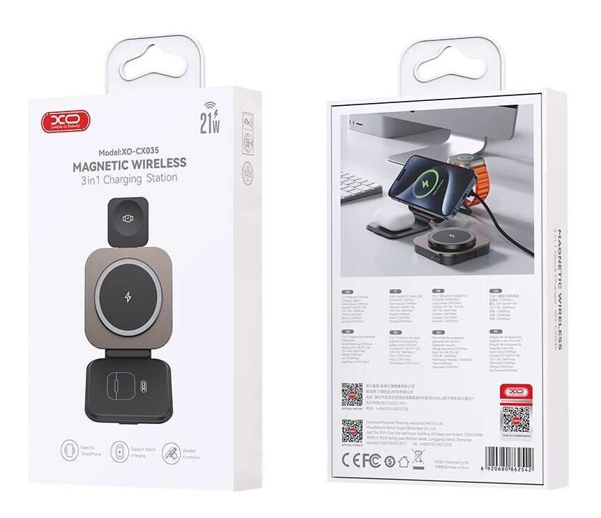 Cargador de Red Inalámbrico XO Design CX035 3en1, 15W, 1.67A, Negro