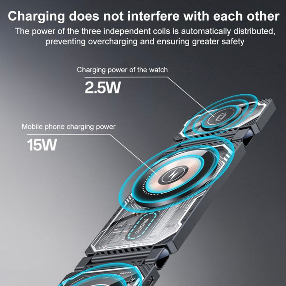 Cargador de Red Inalámbrico Yesido DS25 3en1, 15W, 1.67A, Negro