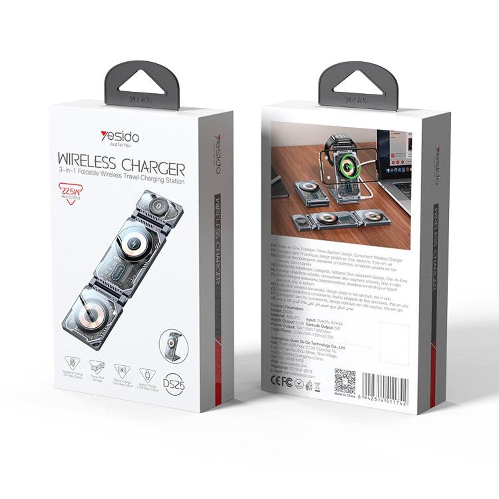 Cargador de Red Inalámbrico Yesido DS25 3en1, 15W, 1.67A, Negro