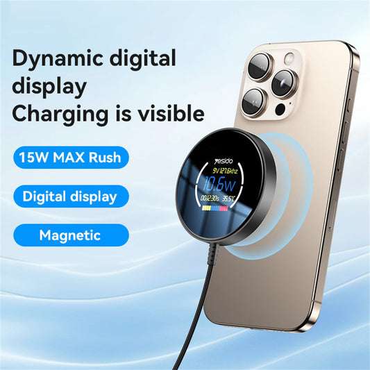 Cargador de Red Inalámbrico Yesido DS28 Display, 15W, 1.67A, Negro