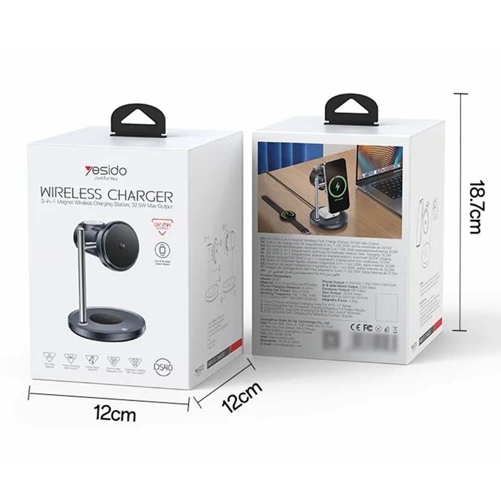 Cargador de Red Inalámbrico Yesido DS40 3en1, 25W, 1.67A, Negro