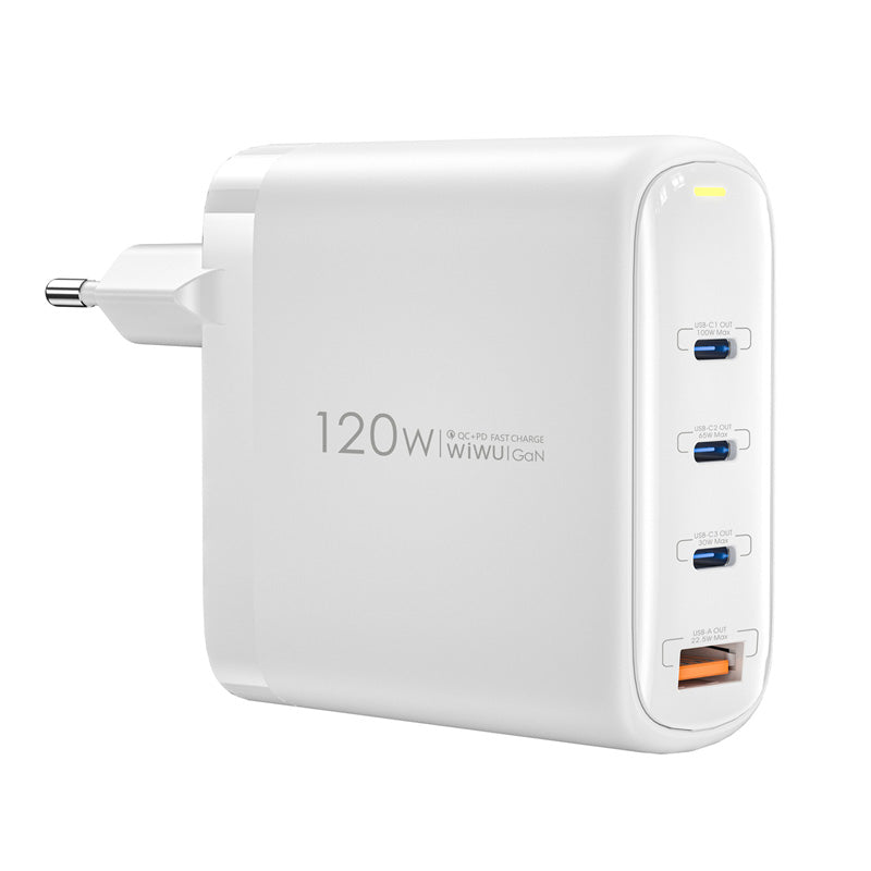 Cargador de red WiWu Wi-U020, 120W, 3A, 1 x USB-A - 3 x USB-C, Blanco 