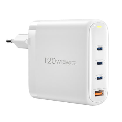 Cargador de red WiWu Wi-U020, 120W, 3A, 1 x USB-A - 3 x USB-C, Blanco 