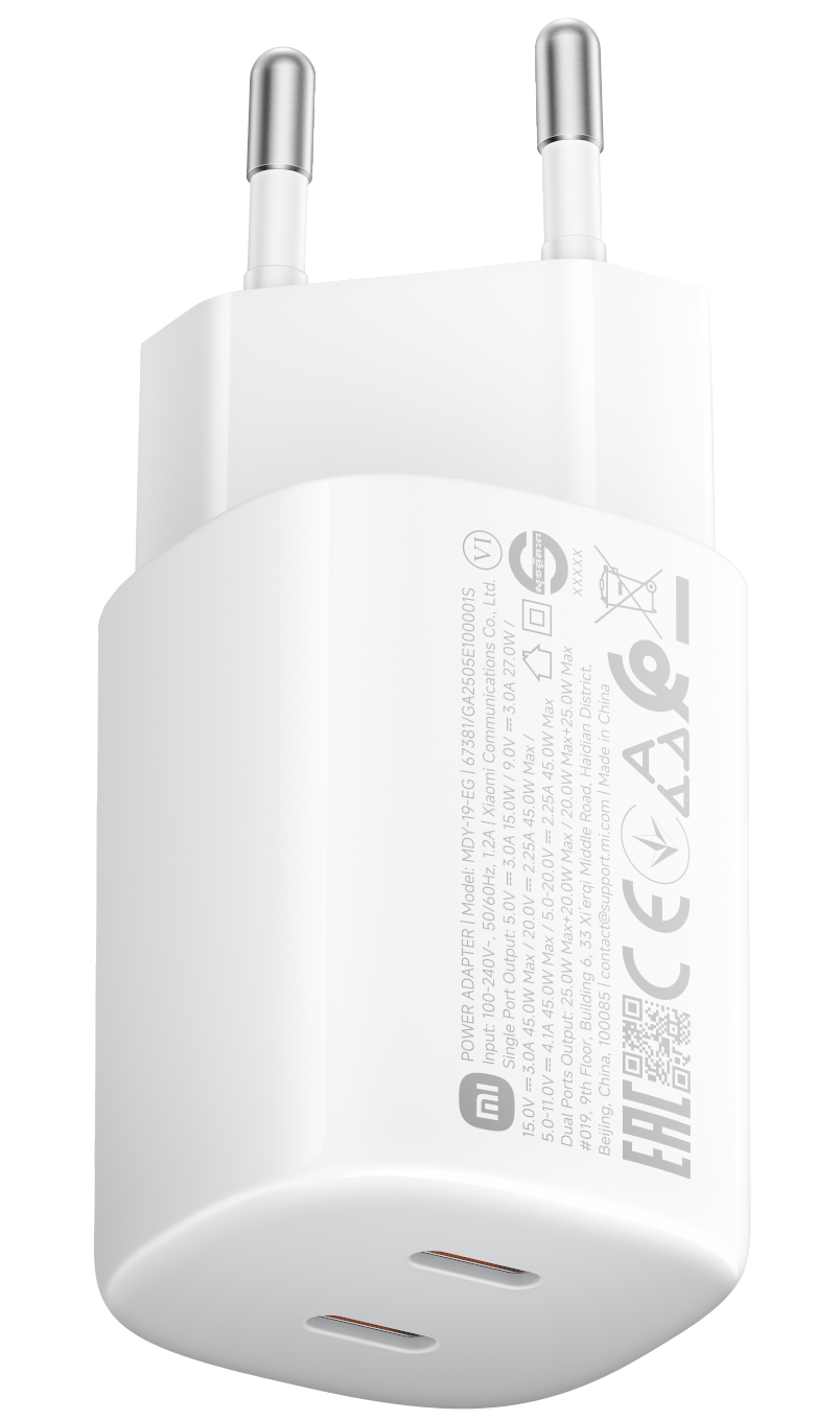 Cargador de red Xiaomi Nano Turbo, 45W, 3A, 2 x USB-C, Blanco BHR087OEU