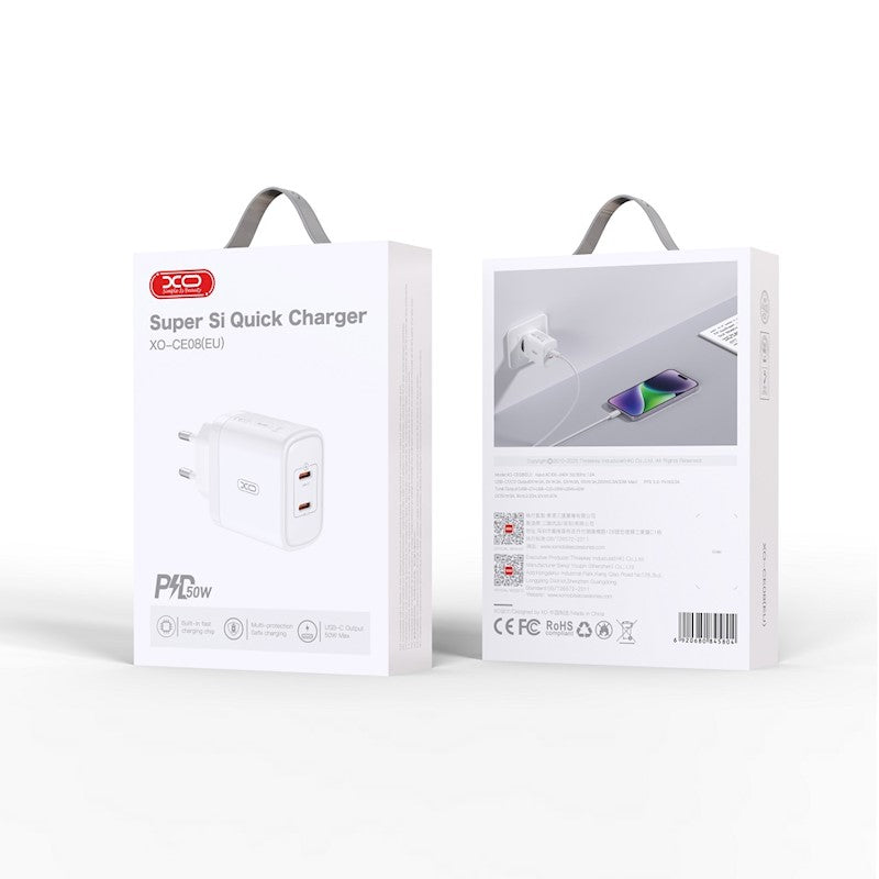 Cargador de red XO Design CE08, 50W, 3A, 2 x USB-C, Blanco