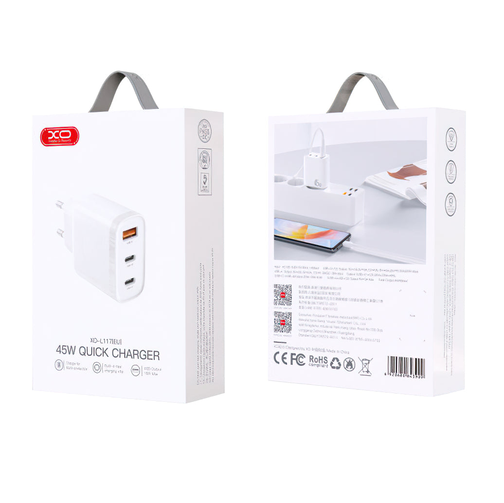 Cargador de red XO Design L117, 45W, 3A, 1 x USB-A - 2 x USB-C, Blanco 