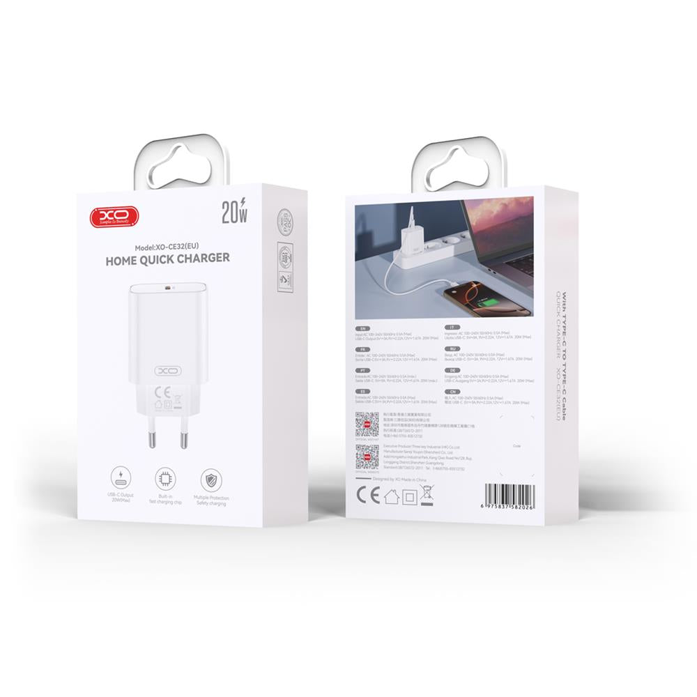 Cargador de Red XO Design CE32, 20W, 3A, 1 x USB-C, Blanco