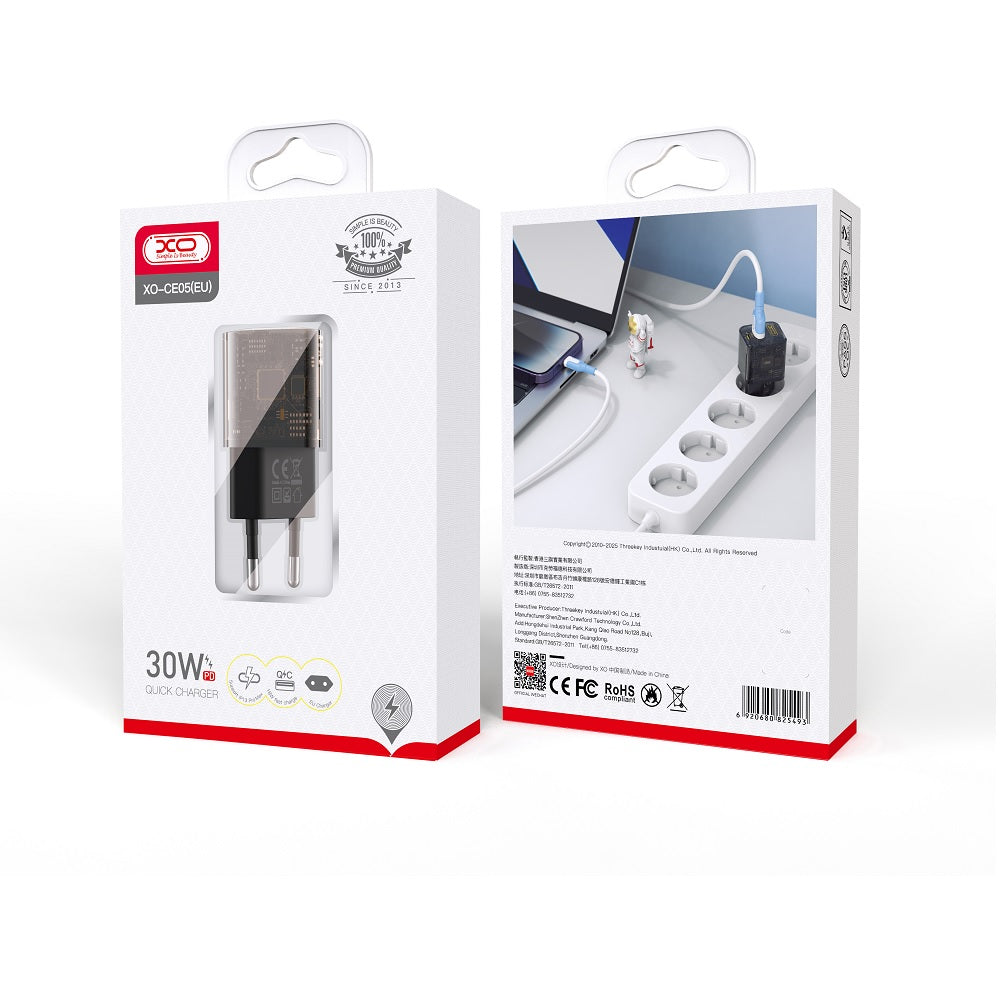 Cargador de Red XO Design CE05, 30W, 3A, 1 x USB-A - 1 x USB-C, Marrón