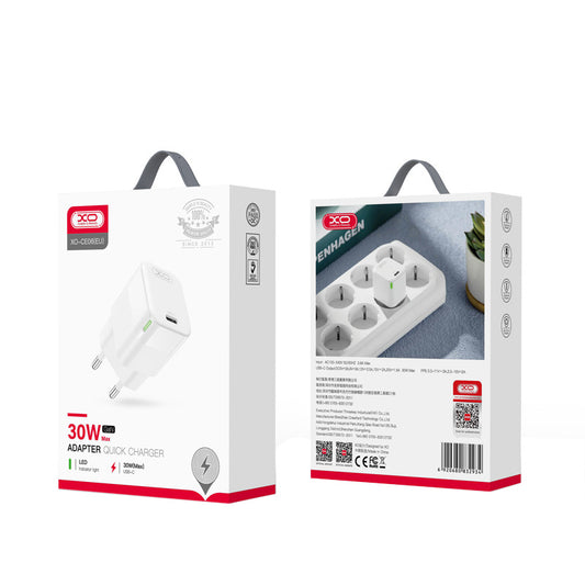 Cargador de Red XO Design CE06, 30W, 3A, 1 x USB-C, Blanco