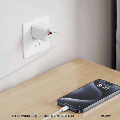 Cargador de Red XO Design L149, 30W, 3A, 1 x USB-A - 1 x USB-C, Blanco