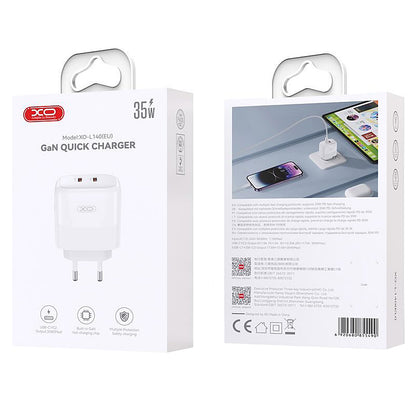 Cargador de red XO Design L140, 35W, 3A, 2 x USB-C, Blanco 