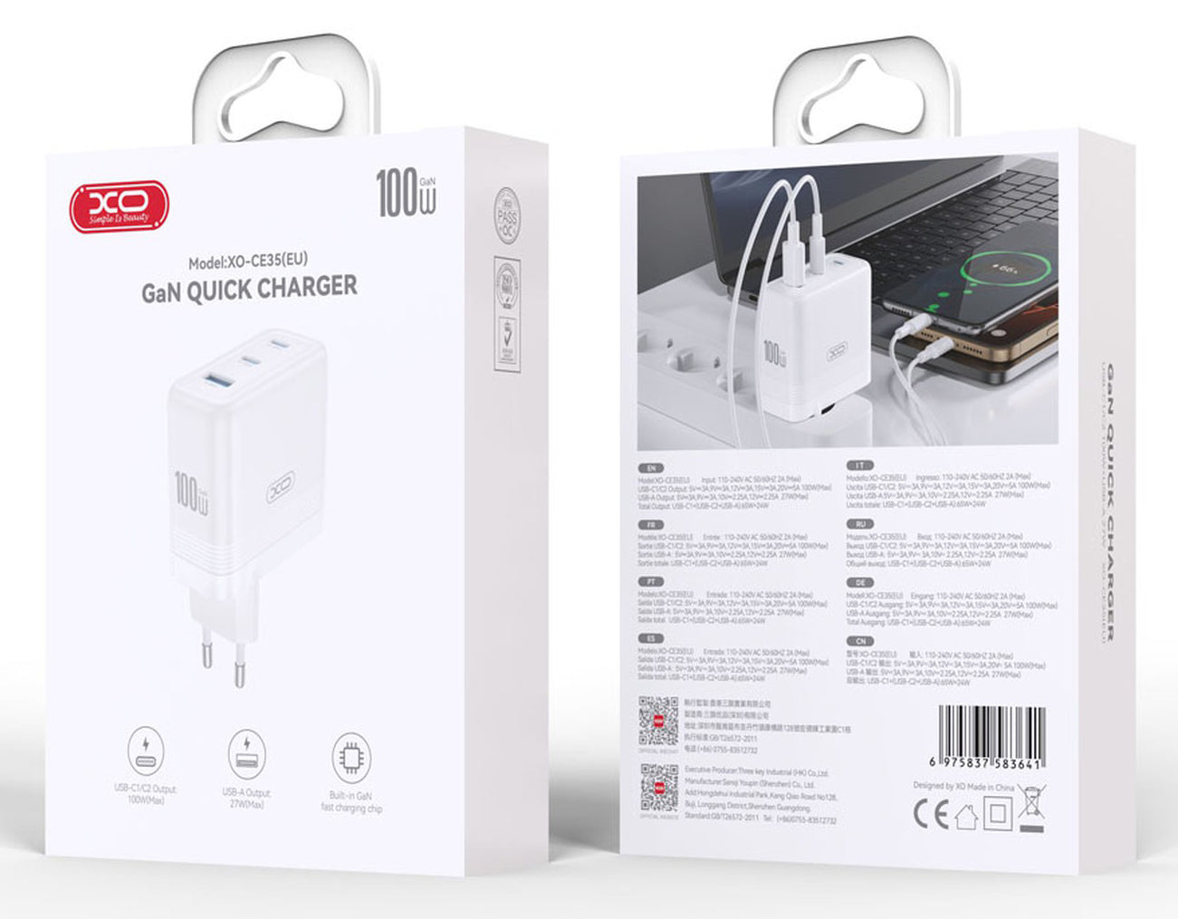 Cargador de Red XO Design CE35, 100W, 5A, 1 x USB-A - 2 x USB-C, Blanco