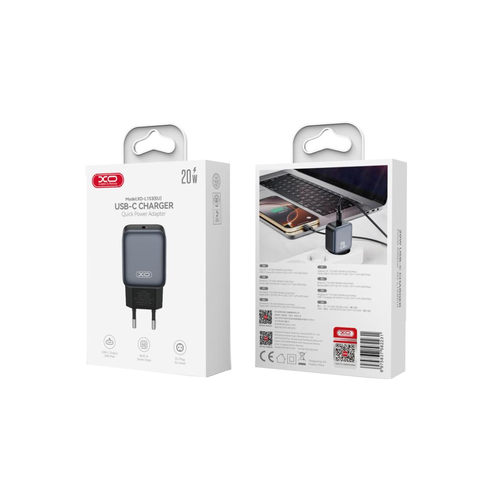 Cargador de Red XO Design L153, 20W, 3A, 1 x USB-C, Negro