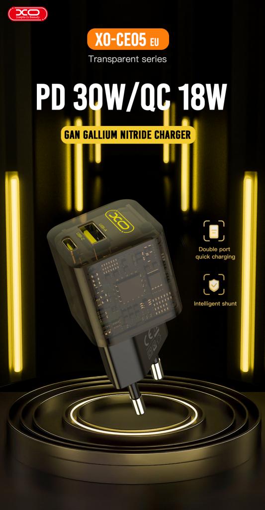 Cargador de Red XO Design CE05, 30W, 3A, 1 x USB-A - 1 x USB-C, Marrón