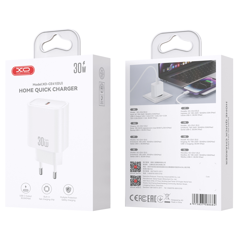 Cargador de Red XO Design CE41, 30W, 3A, 1 x USB-C, Blanco