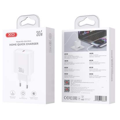 Cargador de Red XO Design CE41, 30W, 3A, 1 x USB-C, Blanco