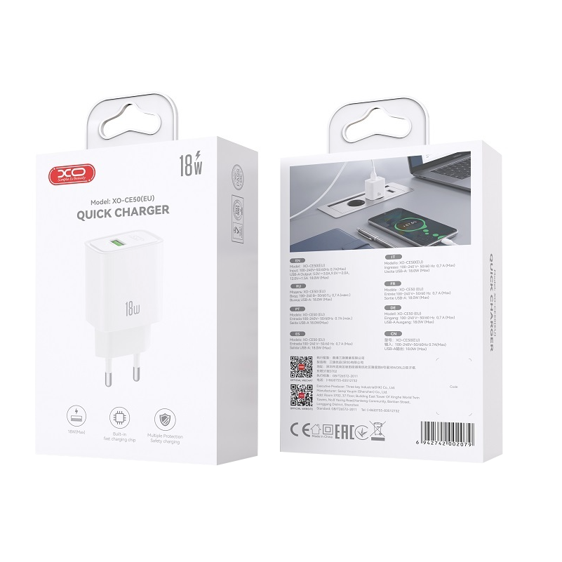 XO Design CE50 Mains Charger, 18W, 3A, 1 x USB-A, White