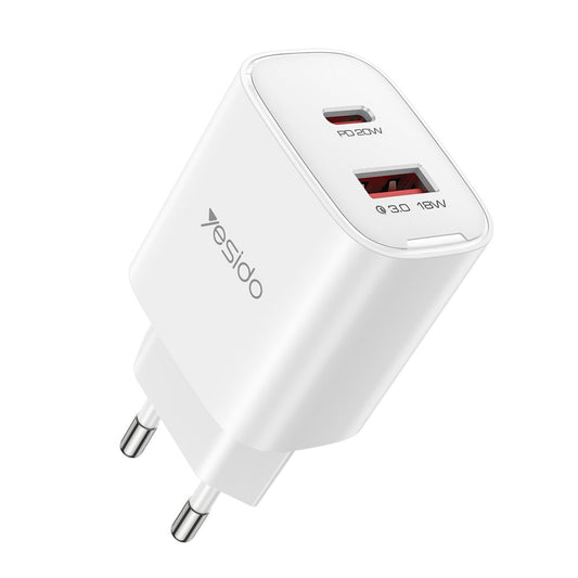 Yesido YC02E Network Charger, 20W, 3A, 1 x USB-A - 1 x USB-C, White