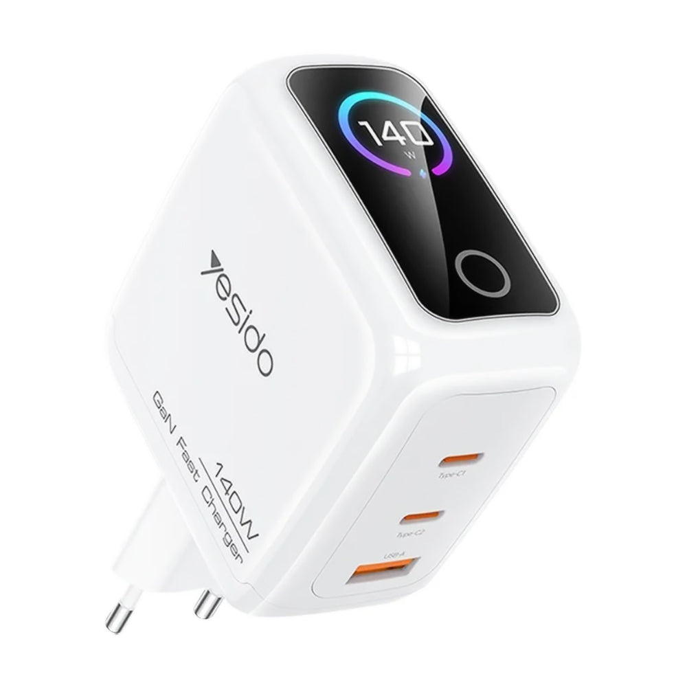 Cargador de Red Yesido YC114 con Pantalla, 140W, 5A, 1 x USB-A - 2 x USB-C, Blanco