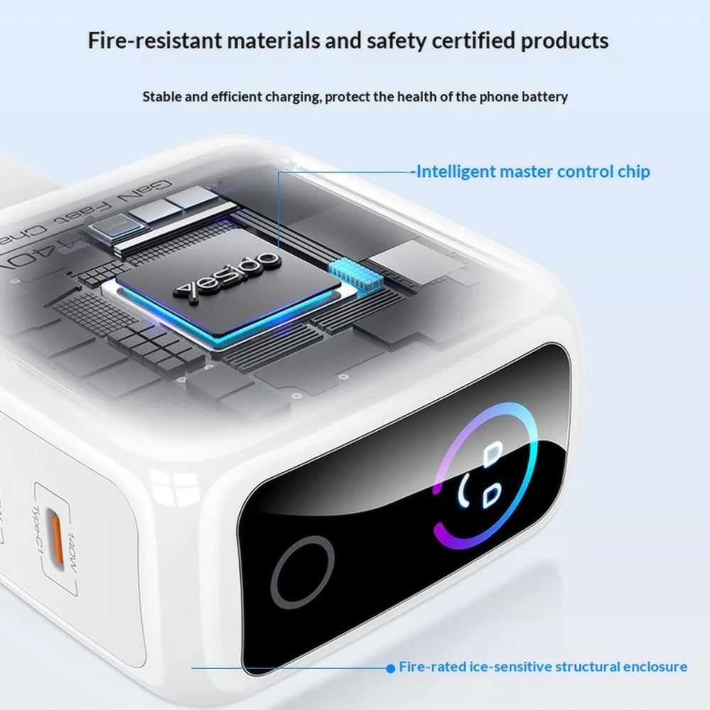 Cargador de Red Yesido YC114 con Pantalla, 140W, 5A, 1 x USB-A - 2 x USB-C, Blanco