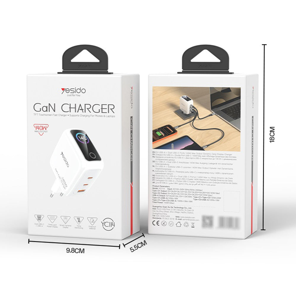 Cargador de Red Yesido YC114 con Pantalla, 140W, 5A, 1 x USB-A - 2 x USB-C, Blanco