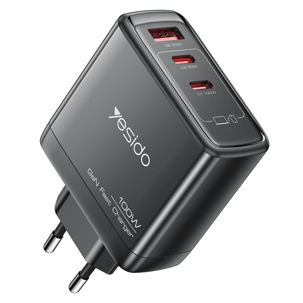 Cargador de Red Yesido YC142, 100W, 5A, 1 x USB-A - 2 x USB-C, Negro