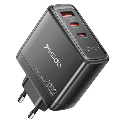 Cargador de Red Yesido YC142, 100W, 5A, 1 x USB-A - 2 x USB-C, Negro