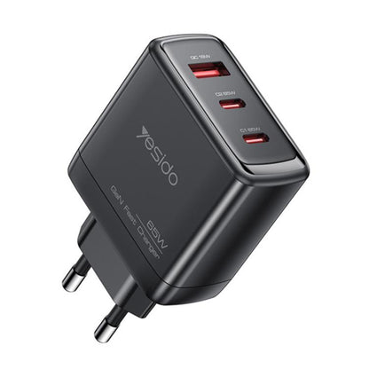 Cargador de Red Yesido YC144, 65W, 3.25A, 1 x USB-A - 2 x USB-C, Negro