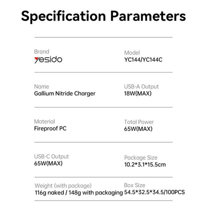 Cargador de Red Yesido YC144, 65W, 3.25A, 1 x USB-A - 2 x USB-C, Negro
