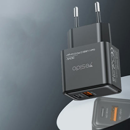 Cargador de Red Yesido YC64, 30W, 3A, 1 x USB-A - 1 x USB-C, Negro