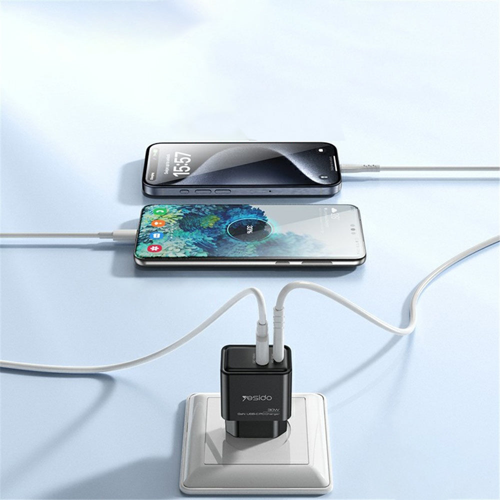 Cargador de Red Yesido YC64, 30W, 3A, 1 x USB-A - 1 x USB-C, Negro