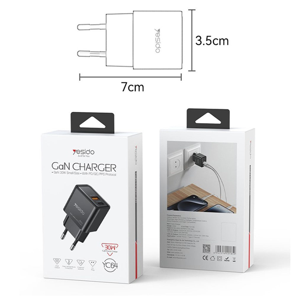 Cargador de Red Yesido YC64, 30W, 3A, 1 x USB-A - 1 x USB-C, Negro